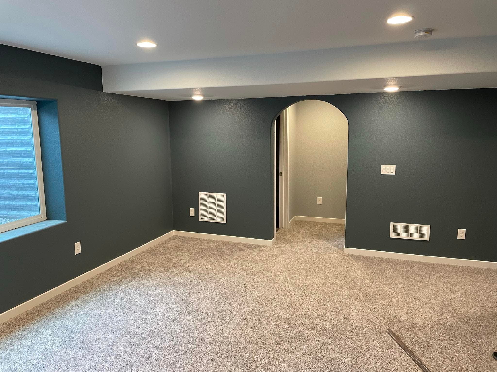 Finished basement with dark gray walls and arched doorway