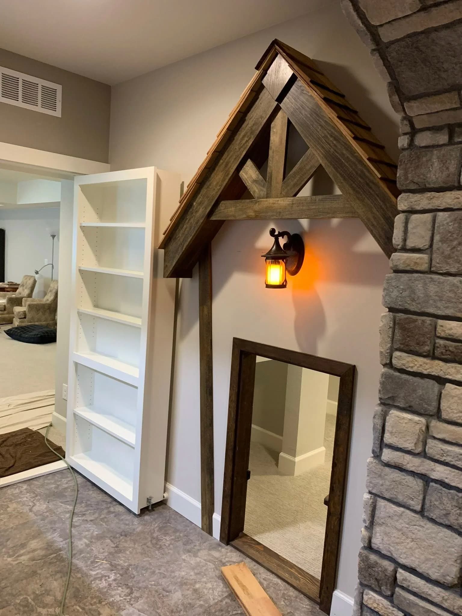 Interior room with rustic wooden frame and shelving