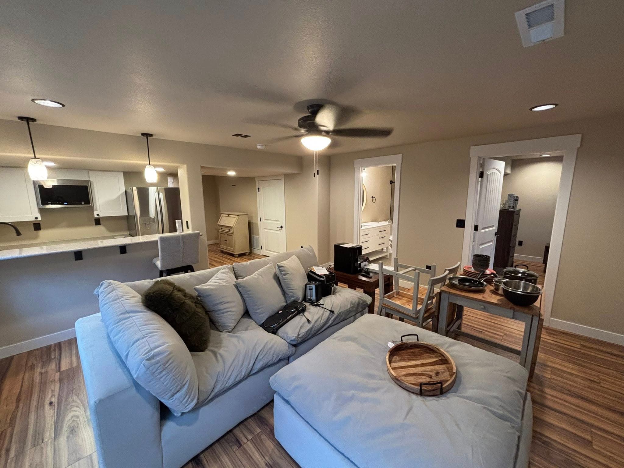 Finished open-concept basement living space